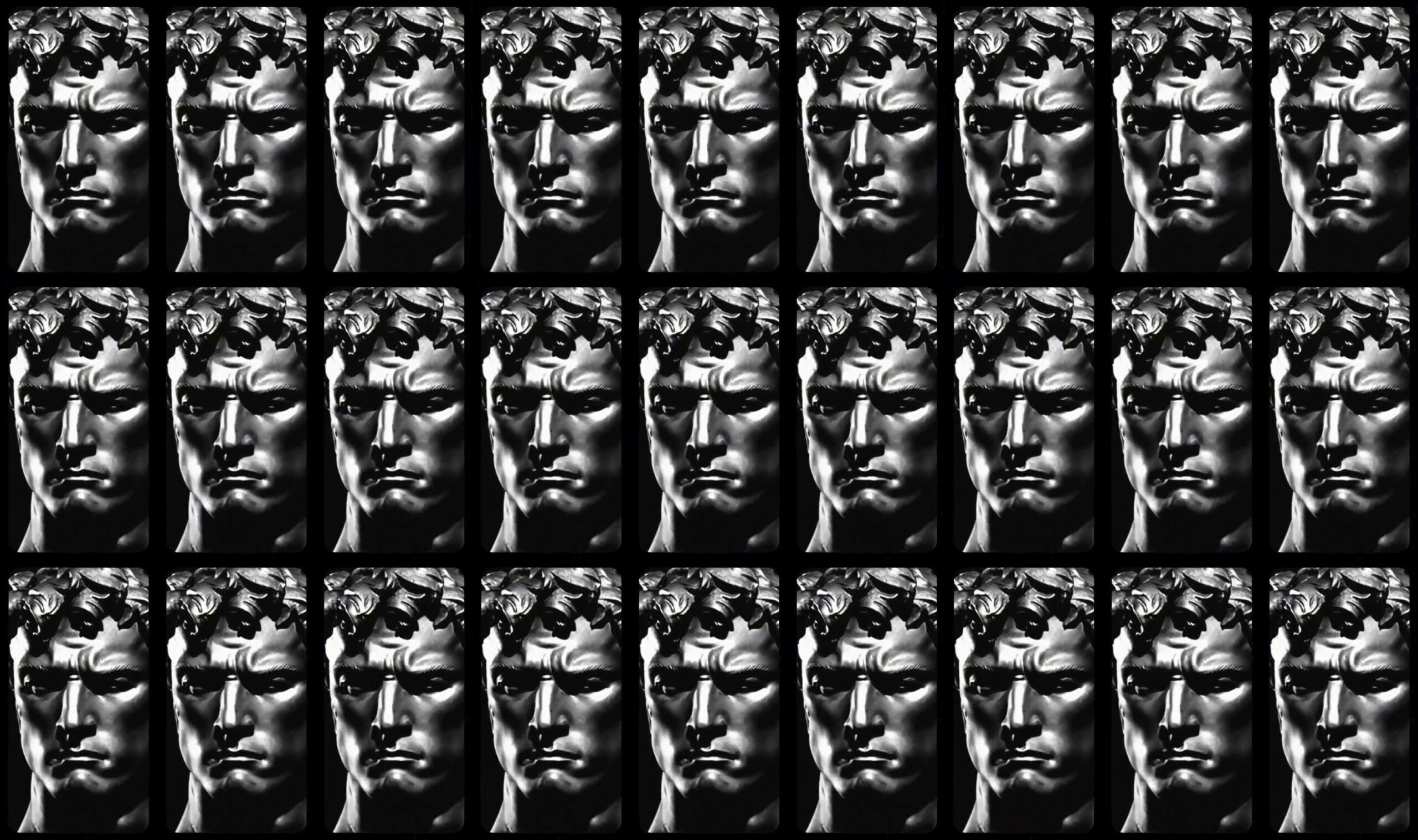 A black and white photo of bust of a man is repeated in a series.
