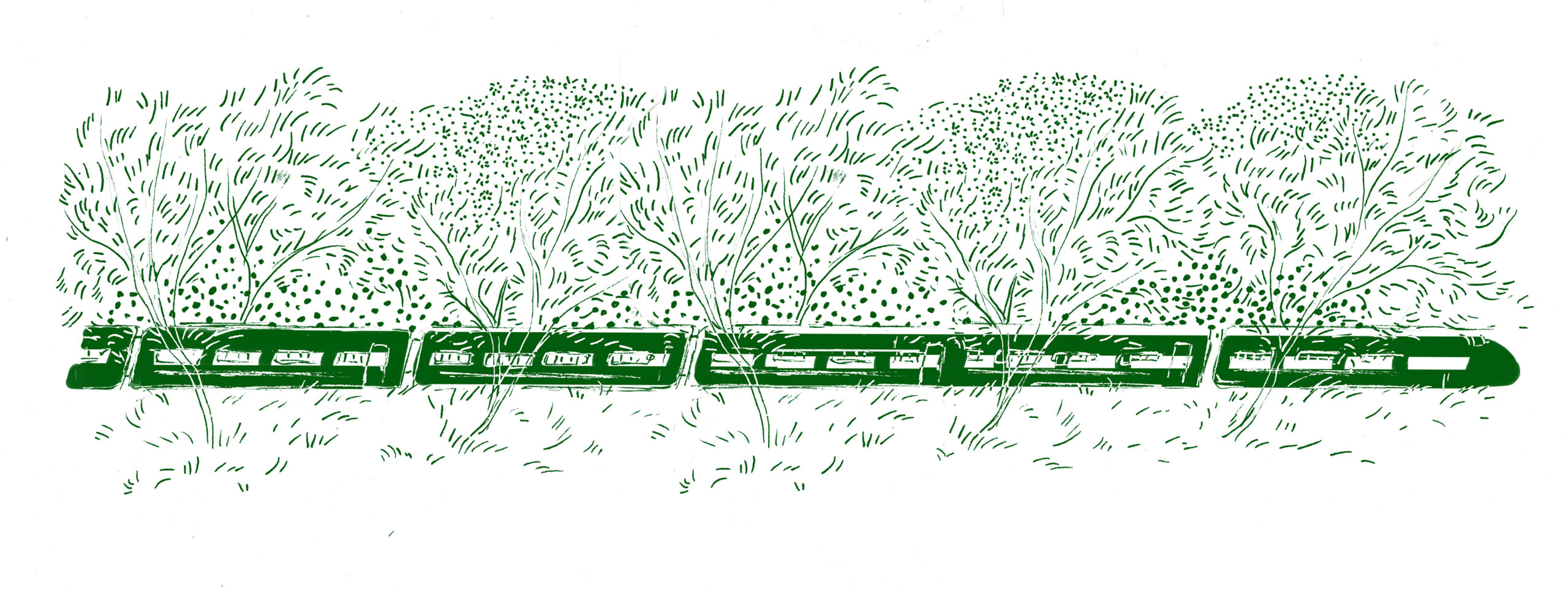 An illustration of a green train travelling through woodland.