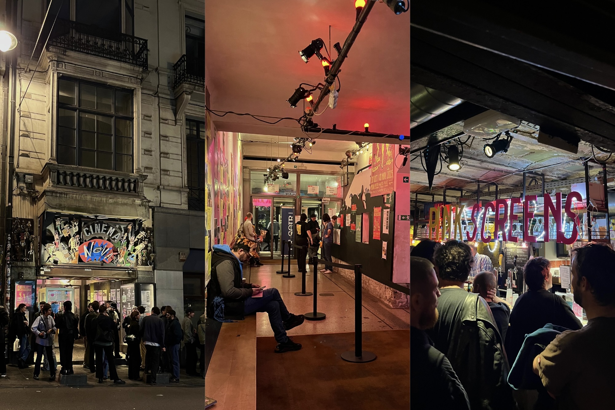 Collage of three photos. Left: Outside cinema Nova. It's nighttime and people have gathered at the cinema entrance. Middle: Lobby of cinema Nova. It's empty besides a few people. There are film posters on the walls. Right: Bar Nova. Above the bar hangs a sign saying "Pink Night". The bar is crowded.