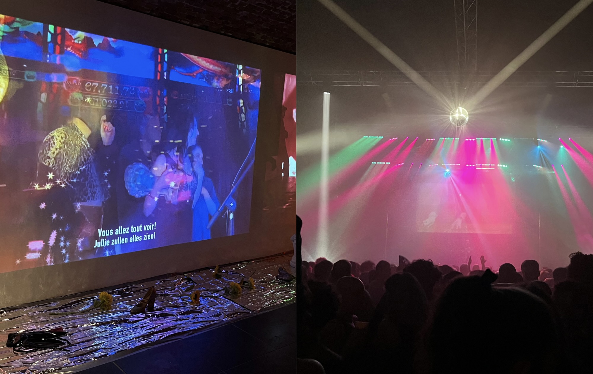 Collage of two photos. On the left: Video installation artwork with objects and flowers on the floor on top of tin foil. The video shows people at a club. The room is dark. On the right: dance floor at Pink Night. There is a big crowd of dancers, a disco ball and colorful lights.