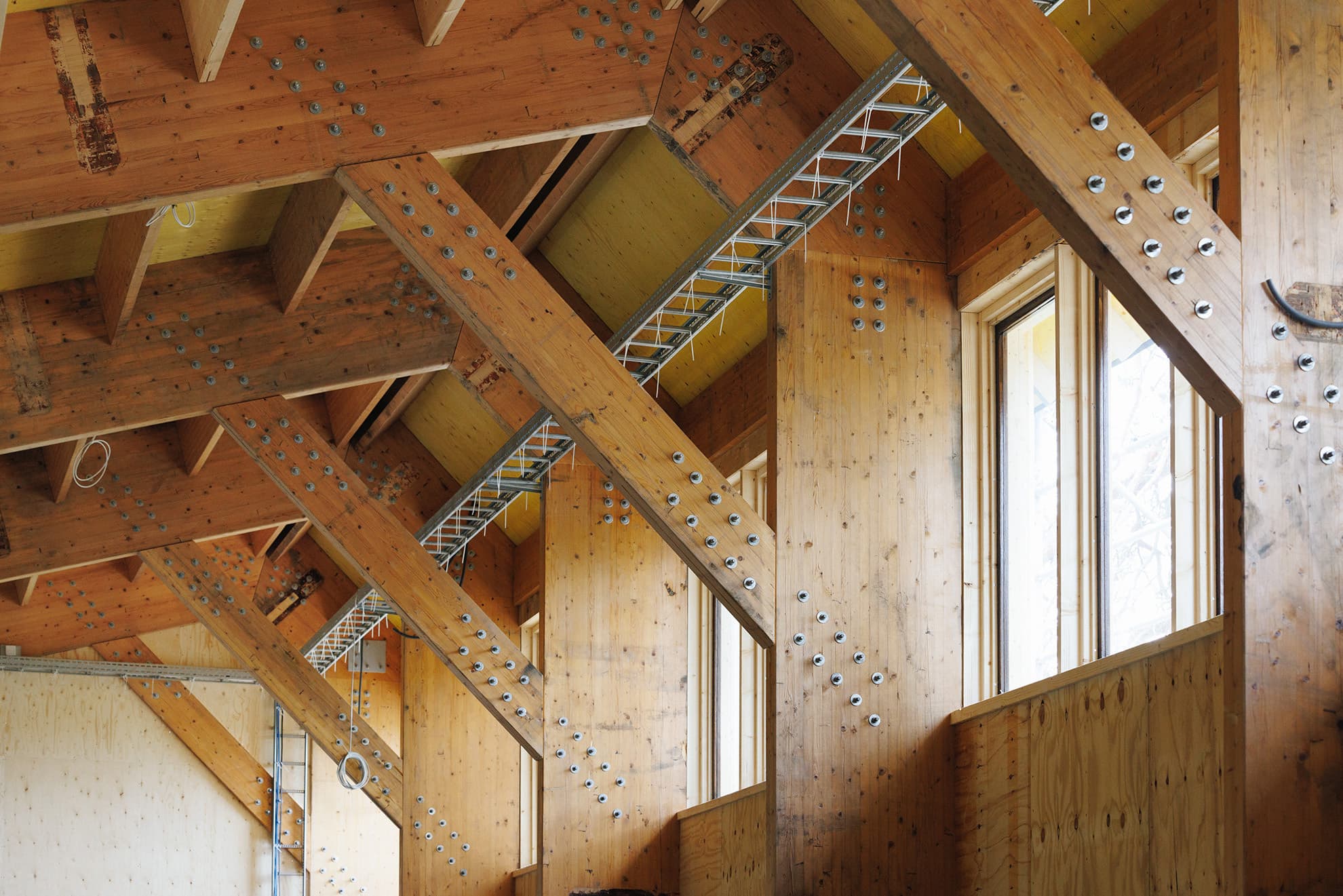 Wooden beams in a building.