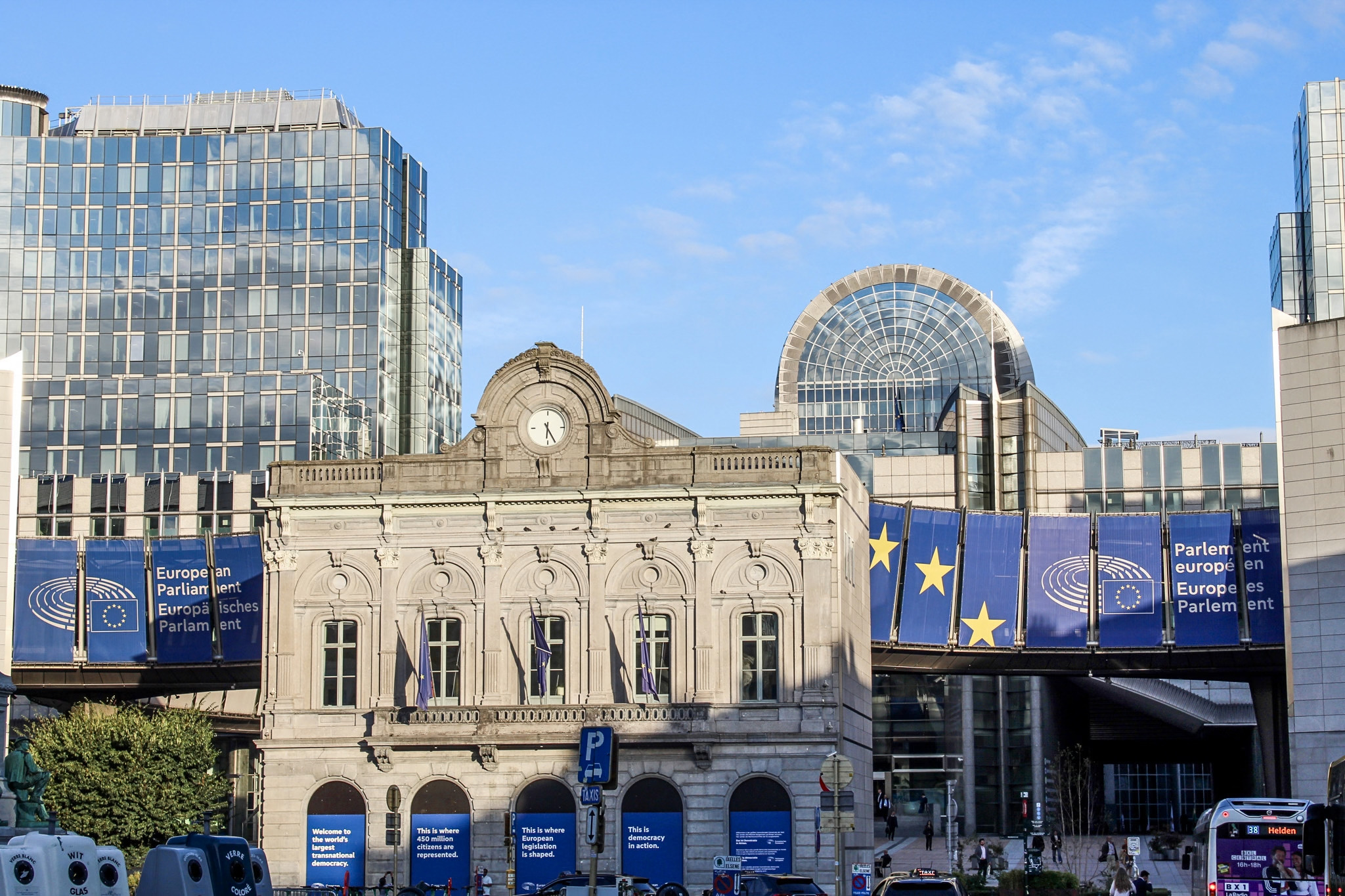 European Parliament Brussels-Photo Julianna Areva-Finnish Cultural Institute for the Benelux European Parliament building on a sunny day.