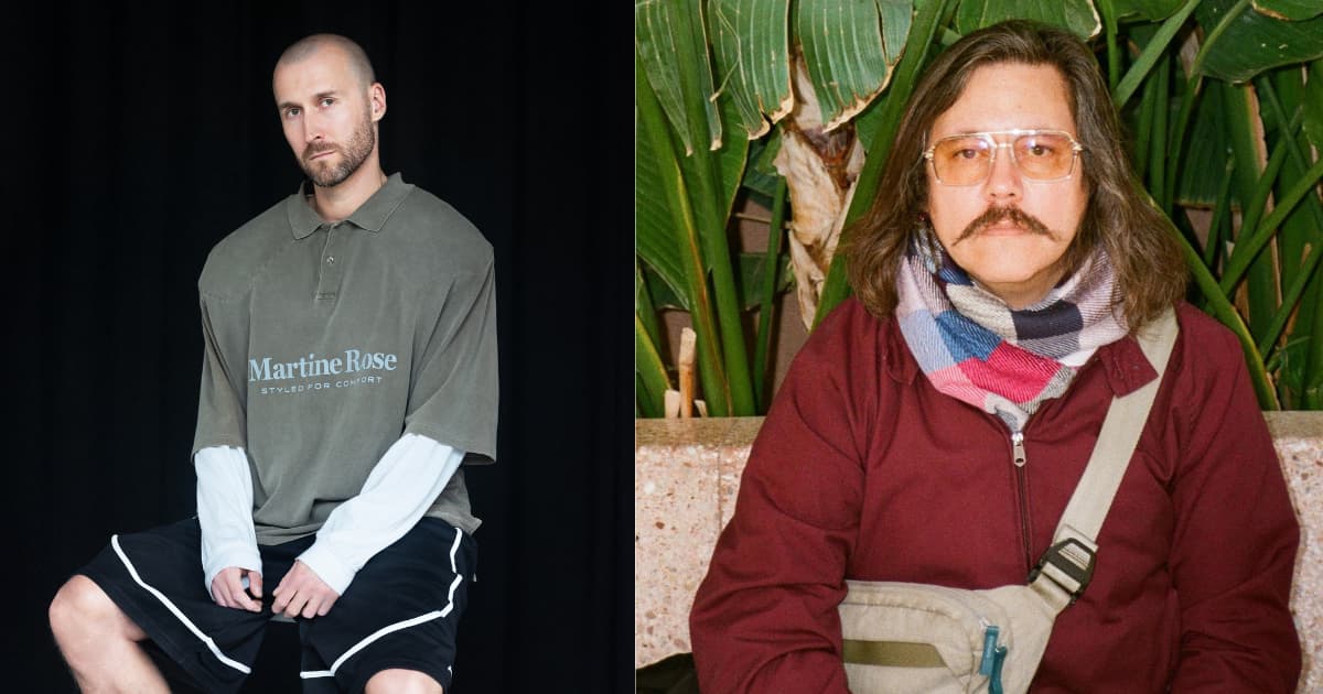 Split portrait of two curators: a mustached person outdoors in red with plants on the right a bald person sitting in gray streetwear against a black backdrop on the left. Both with neutral expressions.